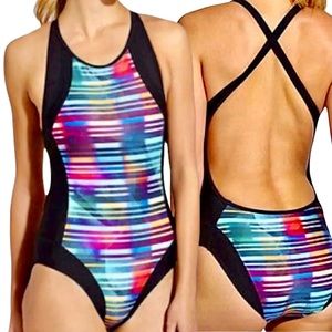 Athleta STREAMLINE One Piece Swimsuit Open Back Black Rainbow Geometric Size M